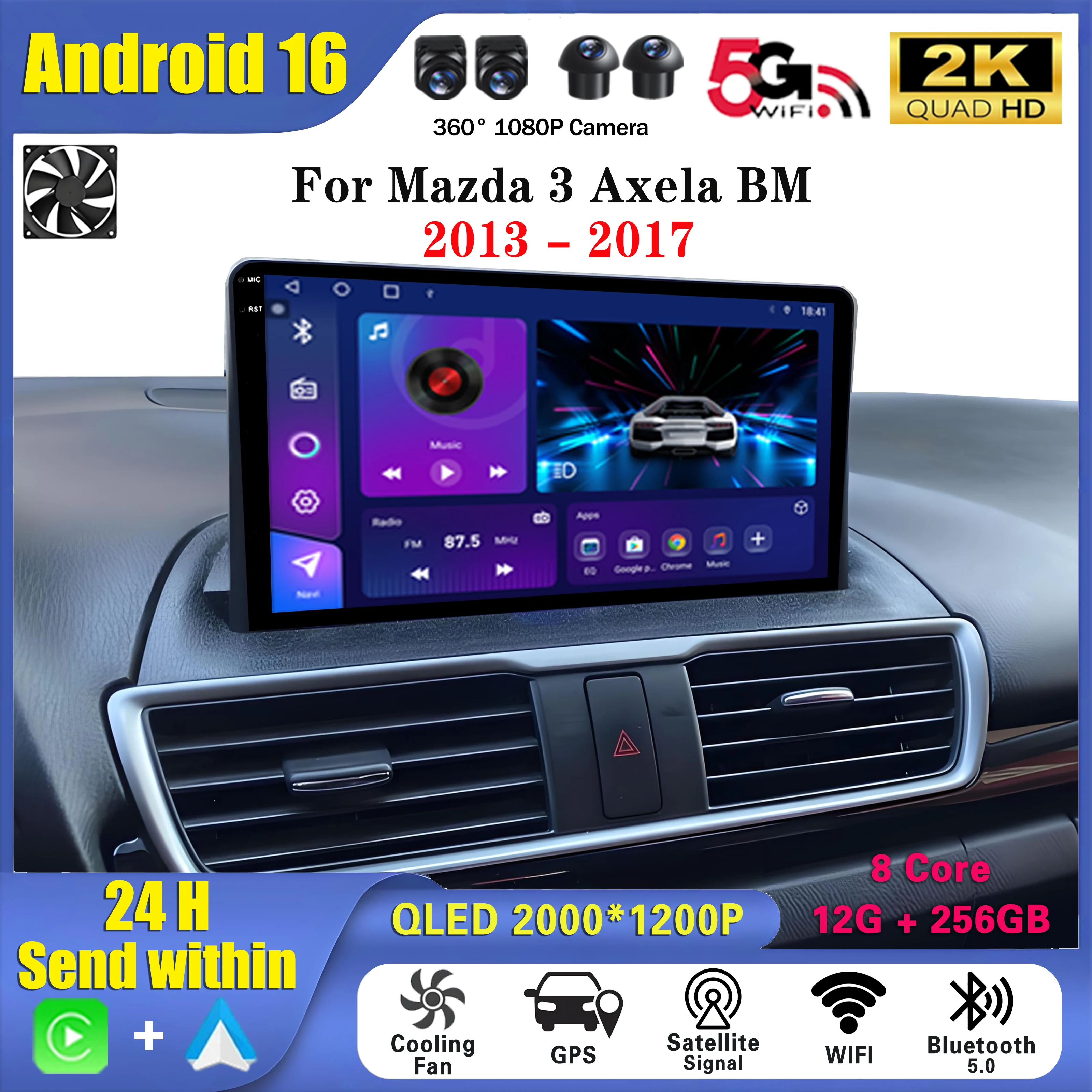 Android16 QLED 2000*1200P para Mazda 3 Axela BM 2013-2017, Reproductor Multimedia con Navegación GPS, CarPlay Inalámbrico, WiFi, Sistemas para Automóviles 1