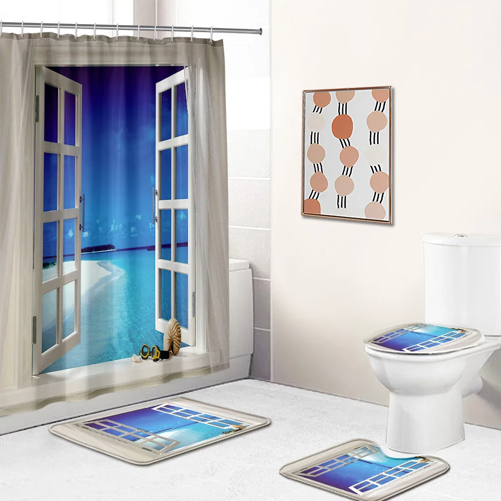 

Window Scenery Shower Curtain Blue Sea Bathroom Curtains Set for Bathroom American Style Countryside Bath Rug Mat Decor 180x180