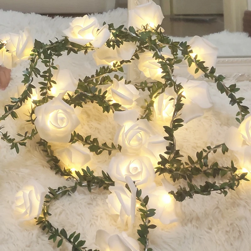 

10/20/40leds Rose Flower Vine LED String Lights Green Leaf Fairy Garland for Wedding Christmas Party Valentine's Day