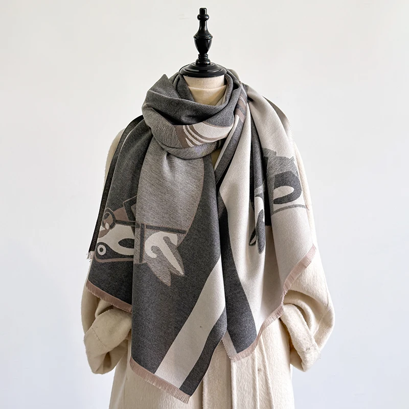 Elegant Floral Jacquard Scarf Imitation Cashmere Soft Warm Versatile Shawl Coldproof Windproof Blanket Scarf for Autumn Winter