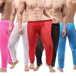 Men's Sexy Hollow Out Transparent Pajamas Mesh See Through Long Pants Sleepwear Fishnet Trouser Sleep Bottoms Leggings Underwear