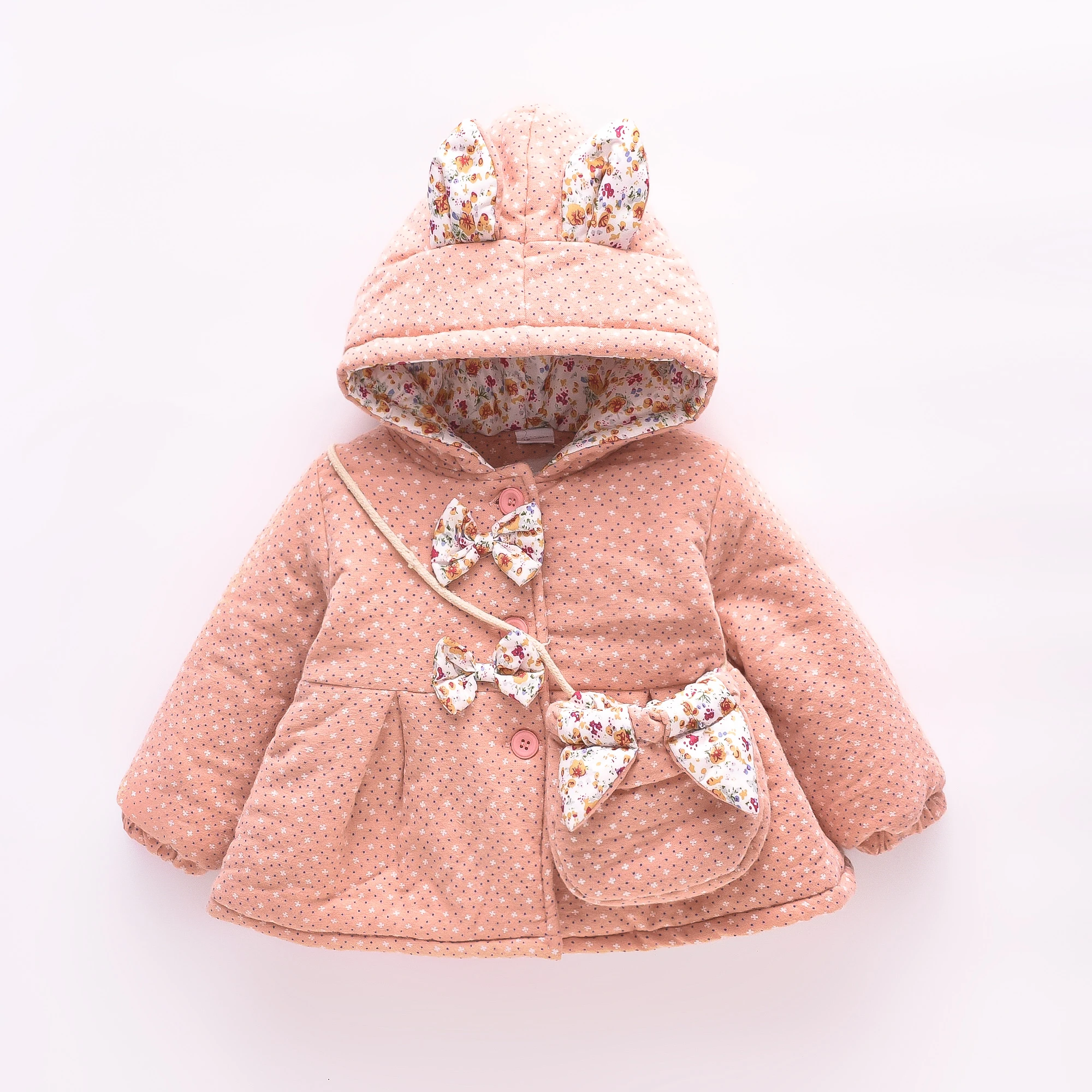 Two Piece Set Baby Girl Cotton Jacket Winter Floral Polka Dot Ear Hooded