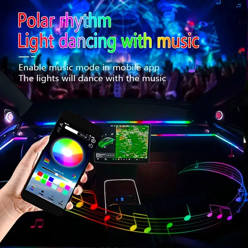 자동차 인테리어용 범용 분위기 심포니 조명, RGB 213 색상, LED 아크릴 스트립 장식, 주변 조명 앱 제어, 22 인 1