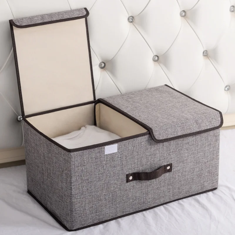 Cotton and Linen Double Lid Storage Box Foldable Large Storage Box Miscellaneous Sorting Box Covered Underwear Storage Box Bags 3