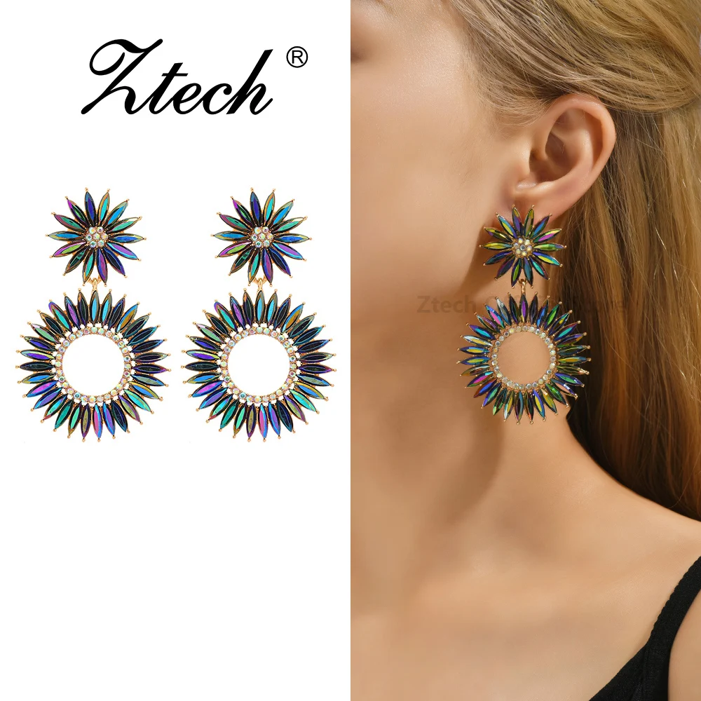 Ztech New Full Crystal Round Pendant Flower Ciondola Gli Orecchini Per Le Donne Decor Gothic Statement Fashion Designer Jewelry Wholesale
