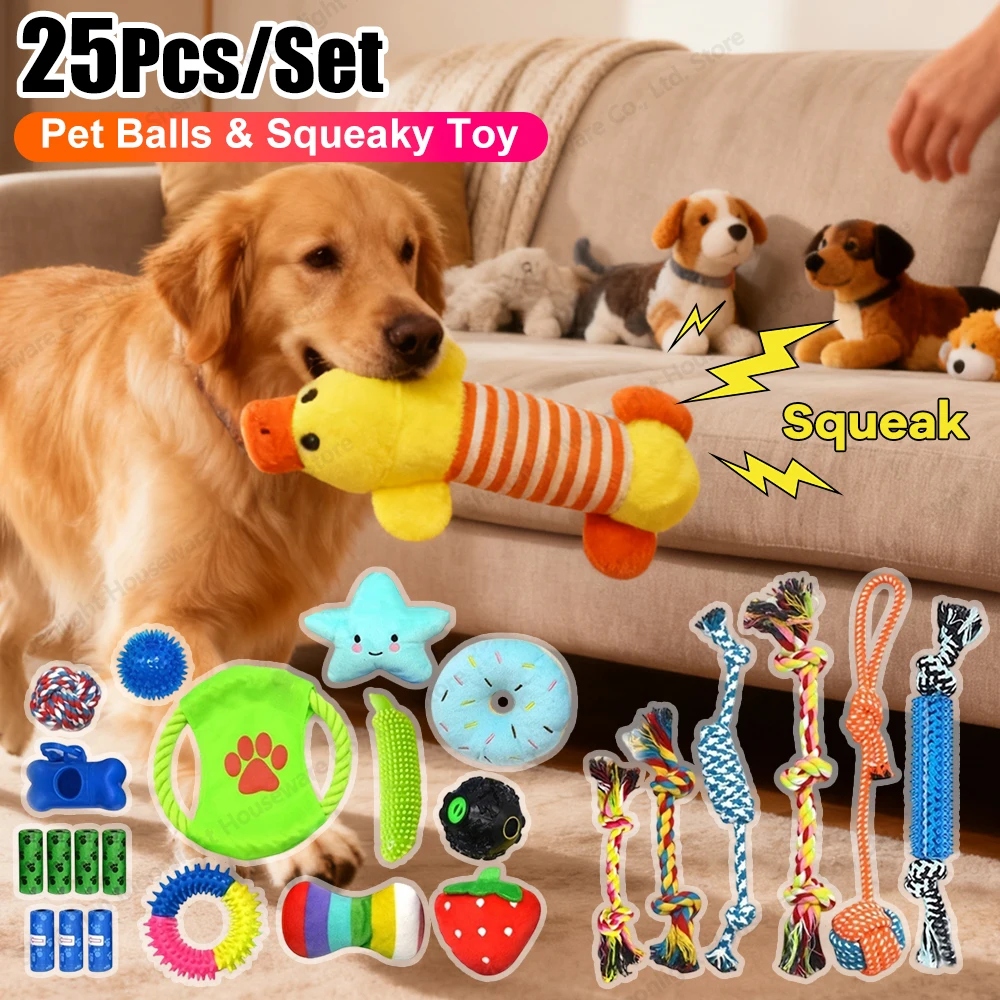 25 Pack Various Dog Chew Toys for Puppy Dog Entertainme Toy with Ropes Treat Ball and Squeaky Puppy Toys for Teething Small Dogs