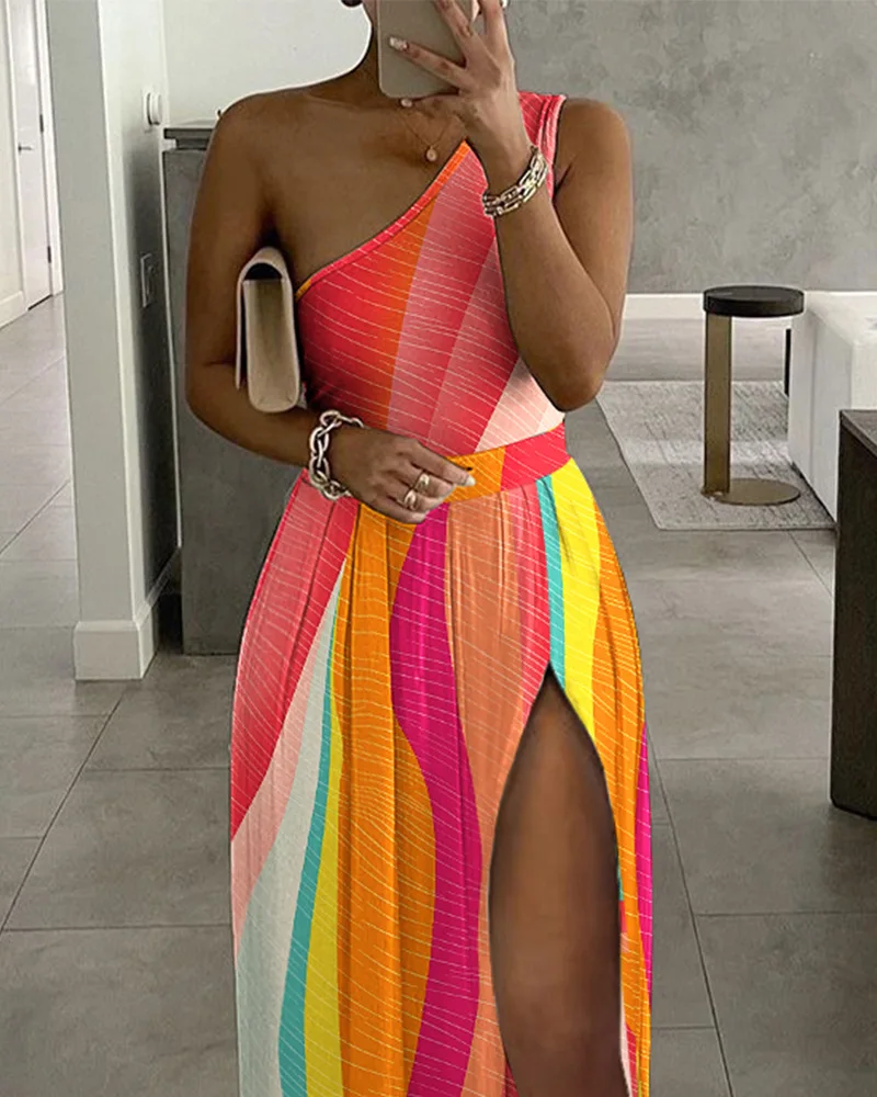 

Women Sleeveless High Waist Floor Length Party Colorblock One Shoulder High Slit Maxi Dress Evening Long Dress Sexy
