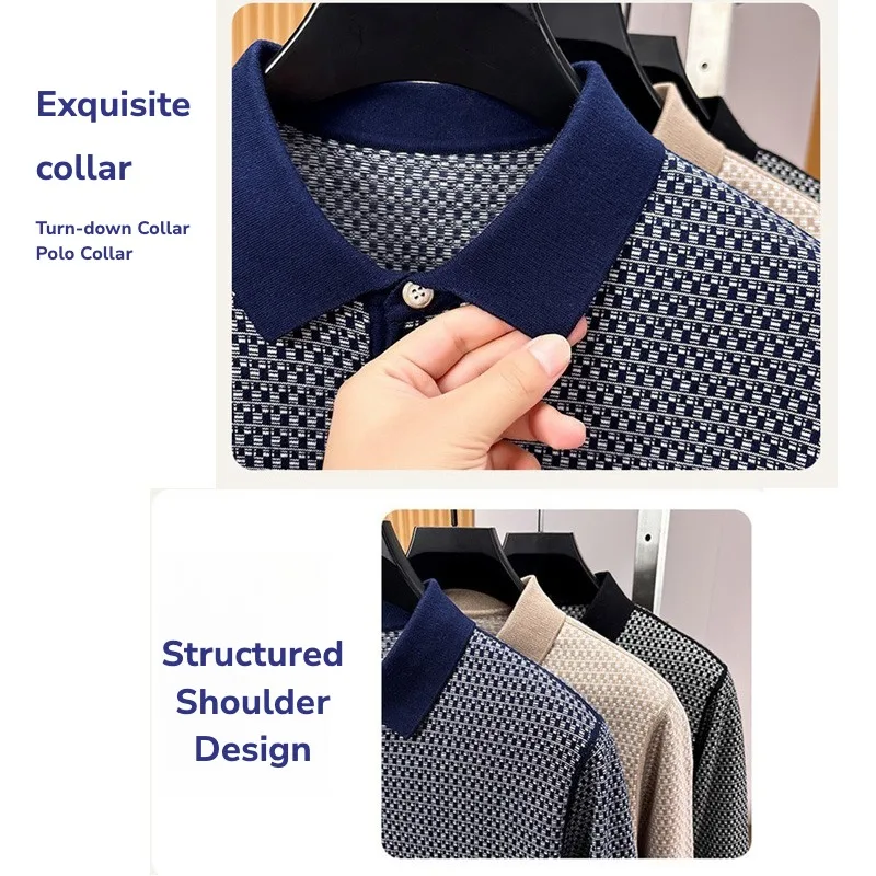 Polo a maniche lunghe da uomo 100% cotone, classico motivo pied-de-poule, abbottonatura invisibile, top casual - immagine 4