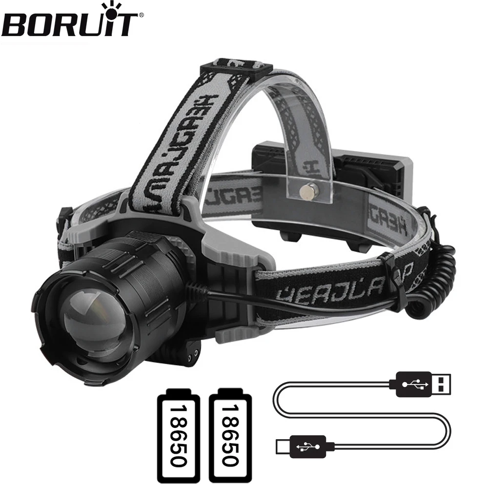 

BORUiT Powerful LED Headlamp USB Rechargeable Zoomable Headlight 1500 Meters Long Shot Lantern Waterproof Camping Head Torch