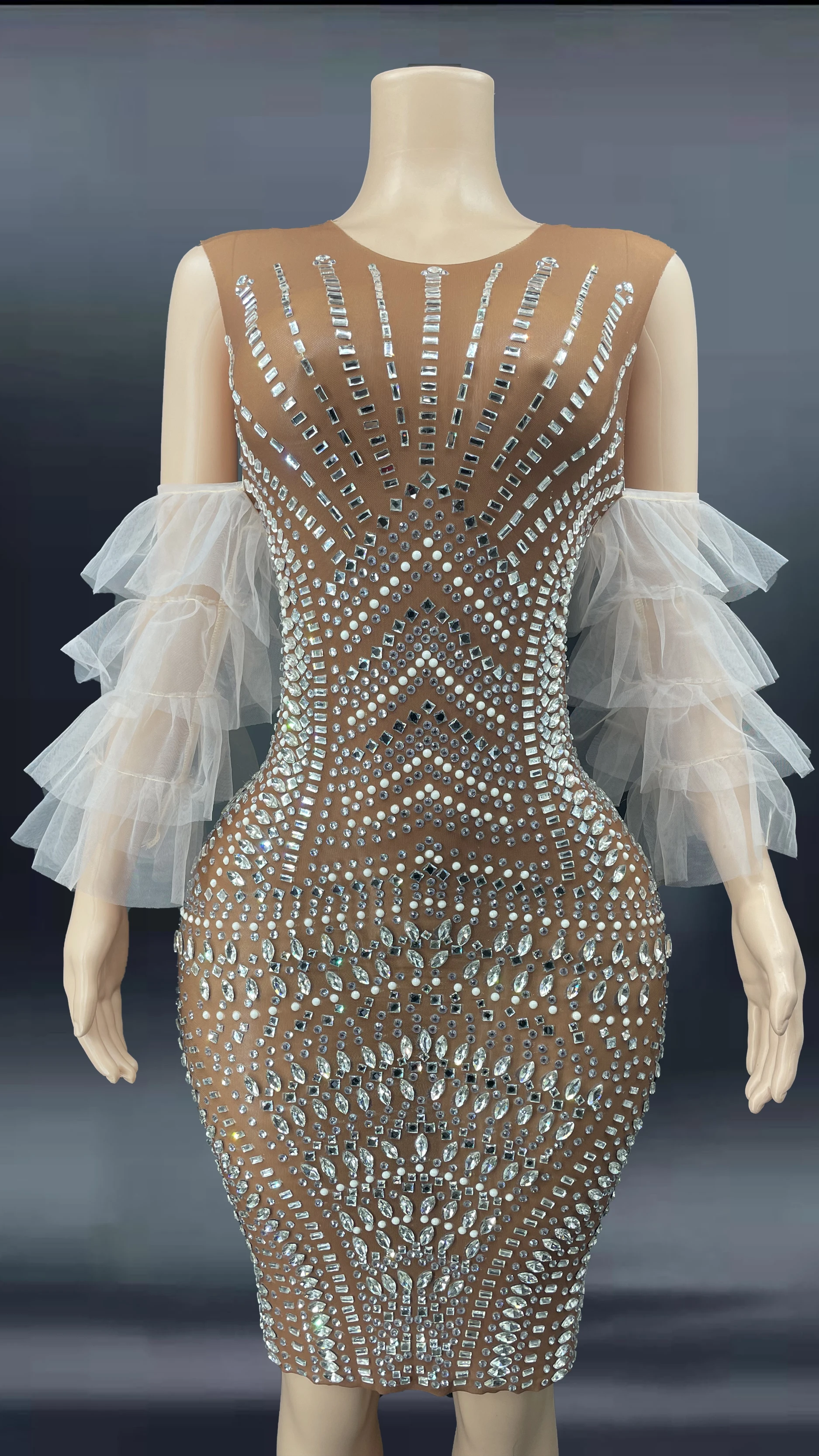 

Evening Shining Silver Rhinestones Dress Prom Evening Sexy Transparent Mesh Costume See Through Birthday Mesh Sleeves Outfit