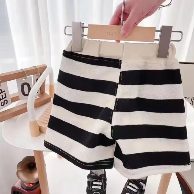 Conjuntos de verano para niños y niñas, camiseta de manga corta a rayas y pantalones cortos, chándales de cuello redondo a la moda para bebés, trajes para niños - Imagen 3
