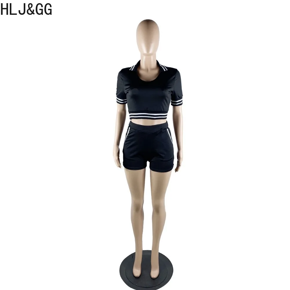 HLJ&GG Summer New Splicing Ribber Sporty Two Piece Sets Women V Neck Short Sleeve Crop Top And Shorts Outfits Female Tracksuits