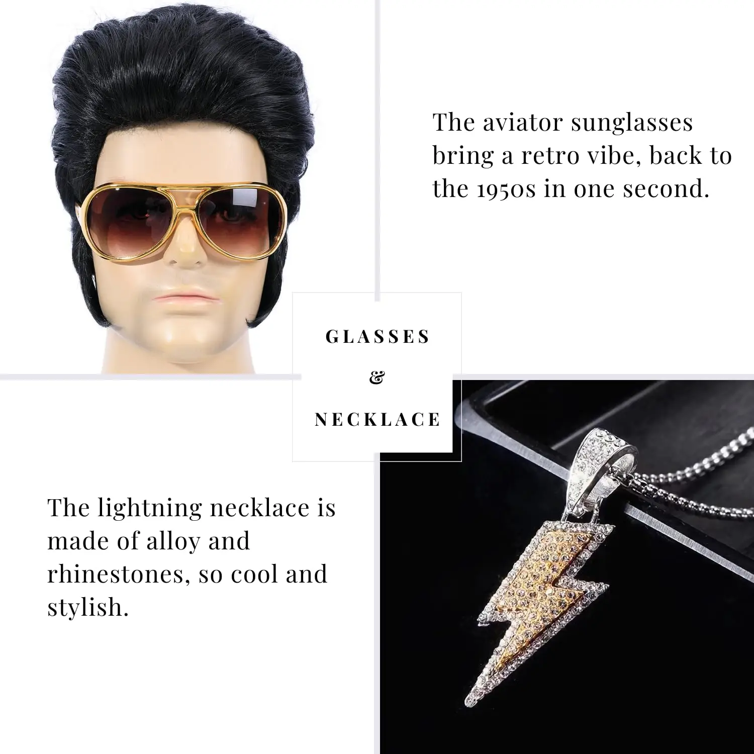 Men's 1950s Disco Party Accessory Set - Black Wig, Glasses, Necklace, and Wig Cap
