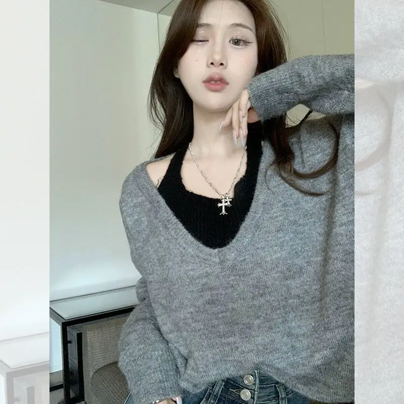 

Fake Two V-neck Gray Sweaters Womens New Design Sense Minority Knitwear Tops Women Dresses