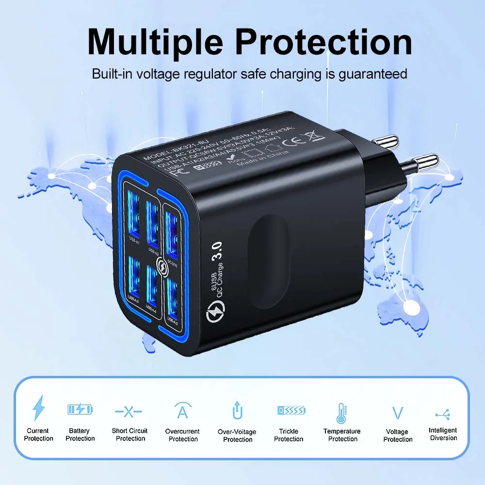 Total 100W 6 Ports USB Charger Fast Charging For iPhone 14 Samsung Xiaomi Mobile Phone Adapter EU US UK Plug