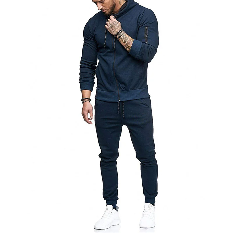 Men's Solid Color Two-piece Suits Autumn Winter Long Sleeve Hooded Sweatshirt Pencil Pants Male Daily Casual Sports Fitness Sets