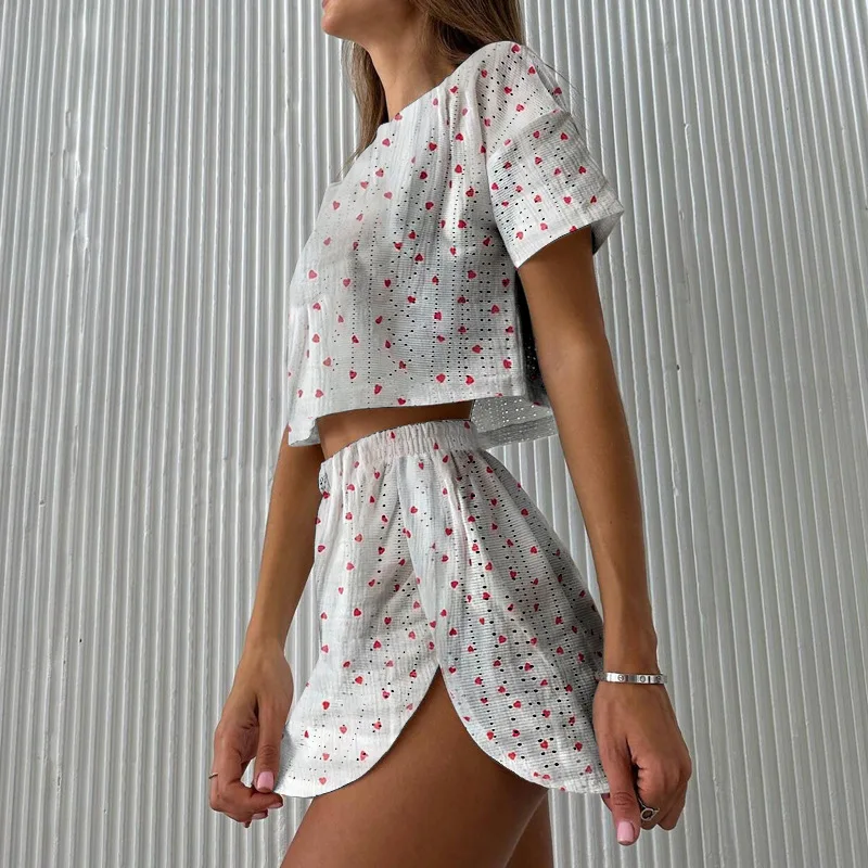 Sports and Leisure Suit Female Printing Hollow Open Fork Navel Short Section Two-piece Suit 2 Piece Sets Womens Outfits Summer