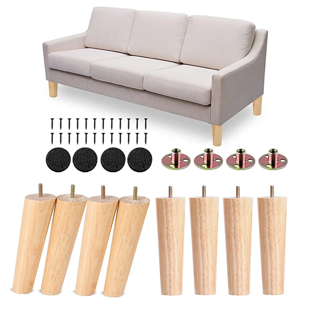 4Pcs Screw Furniture Legs for Sofa Solid Wood Chair Feet Conical 8/10/12/15/20/25cm Cabinet Coffee Table Replace Wooden Legs