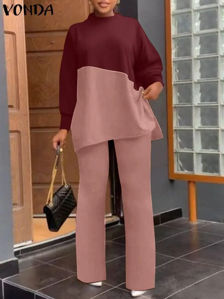 

Костюм брючный VONDA женский с воротником-стойкой, Модный комплект из топа в стиле пэчворк и брюк с широкими штанинами, повседневный комплект из 2 предметов, осень 2023