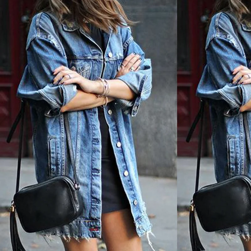 2024 New Stylish Women's Coats Denim Long Coat Jeans Coat Fashion Hole Jacket Female Loose Casual Streetwear Blue Outwear Long