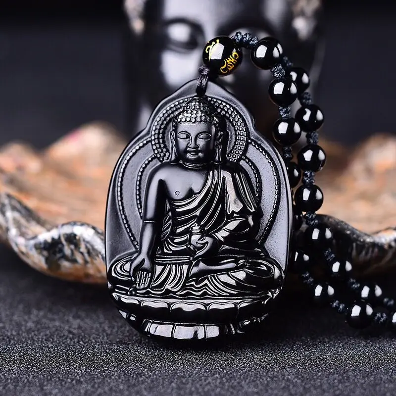 Natural Obsidian Hand Carved Pharmacist Buddha Jade Pendant Fashion Jewelry Men's and Women's Guanyin Bodhisattva Necklace Gift |