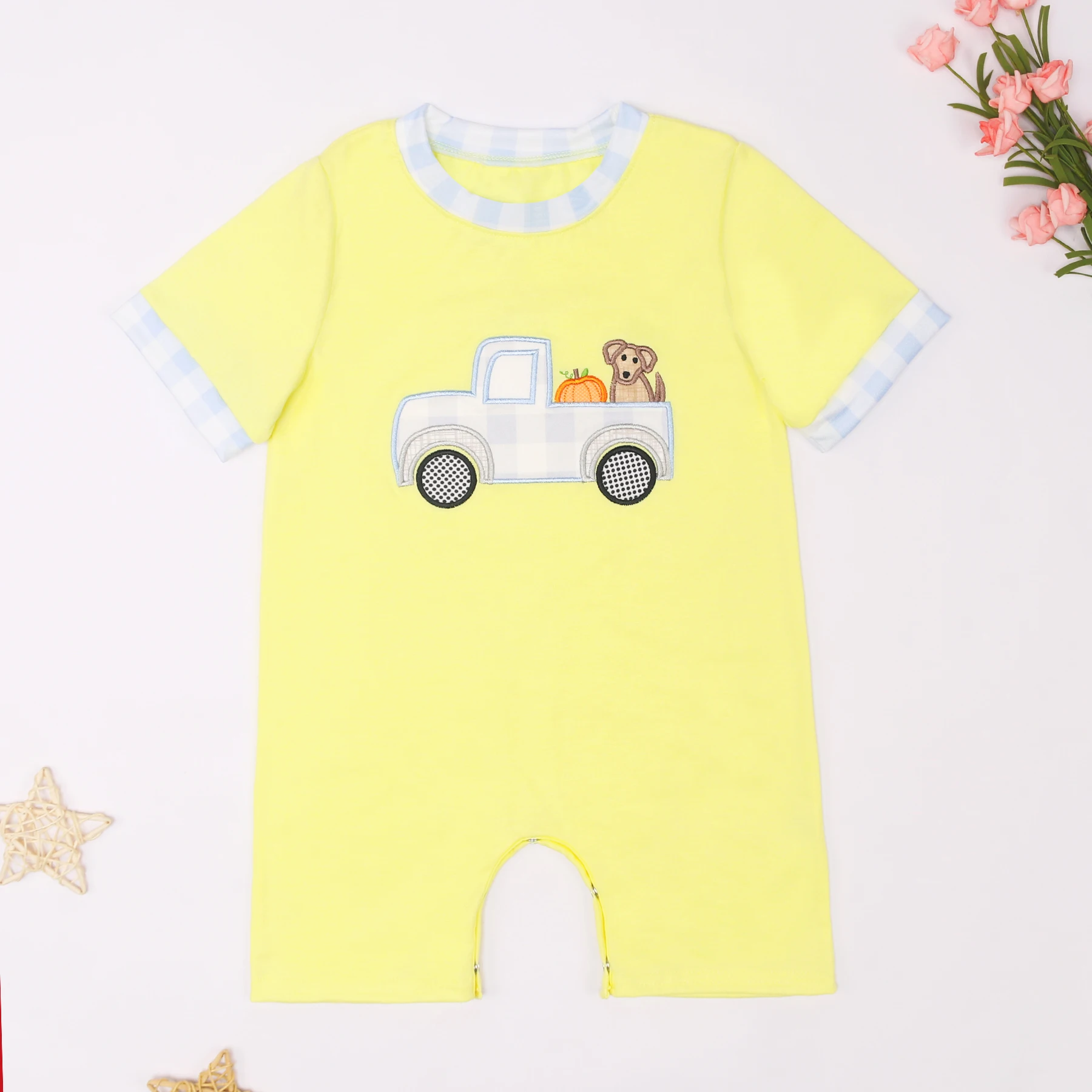 

2023 Bright Yellow Romper Baby Girl Halloween Clothes Kid Boutique Pumpkin One Piece Cotton Solid Round Neck Bubble