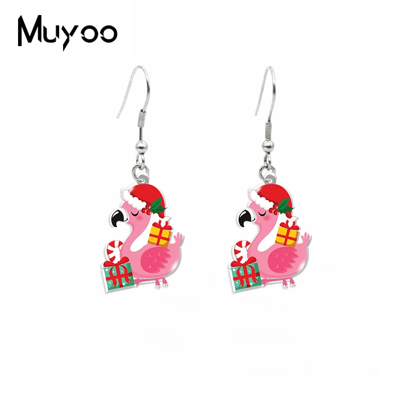 2022 New Christmas Flamingo With Santa Hat Dangle Earring Bird Acrylic Fish  Hook Earrings Cute Epoxy Jewelry Gifts