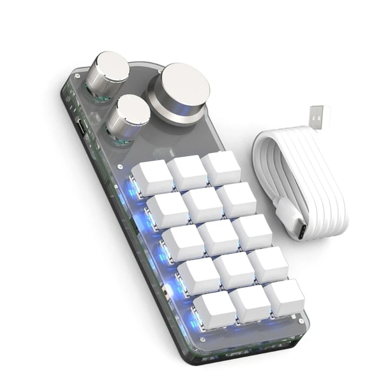 

Mechanical Keyboard with 15 Programmable Keys and RGB Light Copy Pastes 3 Knobs One-Handed Gaming Keypad