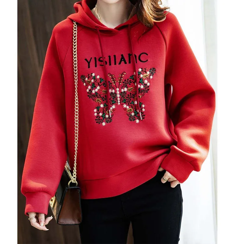 Autumn Winter Lady Fashion Embroidery Spliced Solid Color Hooded Tops Women's Clothing Elegant Long Sleeve All-match Sweatshirts