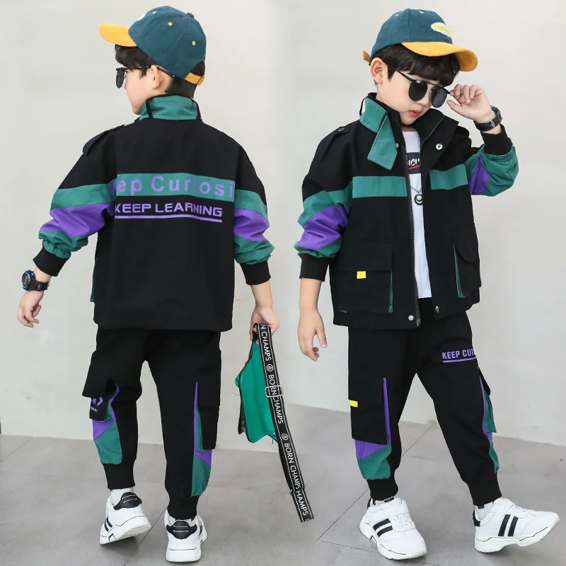 

Fashion Baby Boys Clothes Patchwork Stripes Jackets+Pants 2Pcs Sets Autumn Kids Coats Sports Suits Childrens Letter Tracksuits