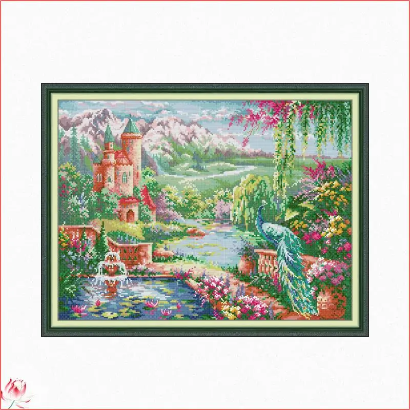 

Fantasy Peacock Castle Counted Cross Stitch Kits DIY DMC Handmade 11CT 14CT Stamped Cross Stitch Set Embroidery Needlework Gifts