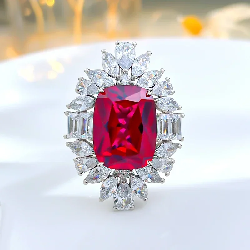 

Fashionable and Luxury Artificial Red Treasure 925 Sterling Silver Ring Set with High Carbon Diamond Retro Wedding Jewelry