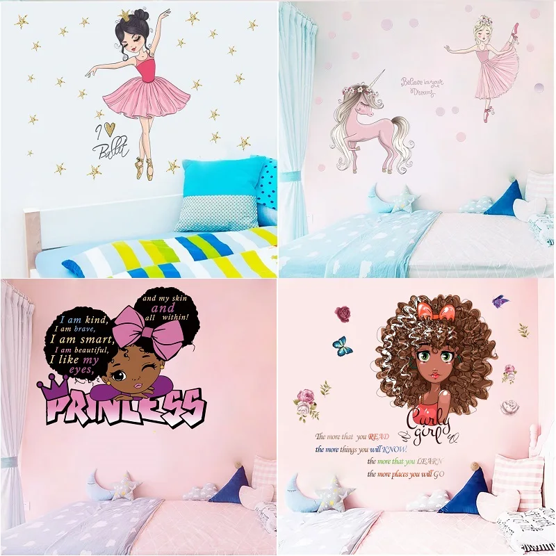 Brunette Princess Motto Wall Stickers For Kids Room mural Fairy tale Cartoon decal DIY Decor Girl Room Decoration gift