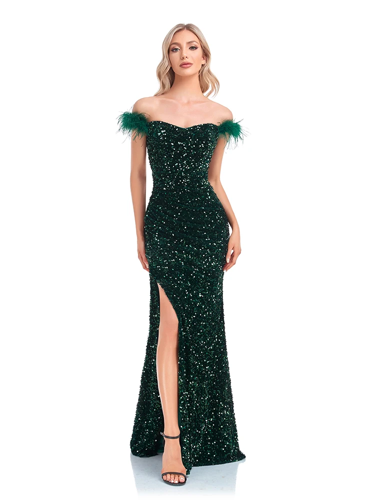 

XUIBOL Off-the-shoulder Green Sequin Evening Dress Sexy Split Party Maxi Dresses Women Beading Dress Long Floor Lenght Prom Gown