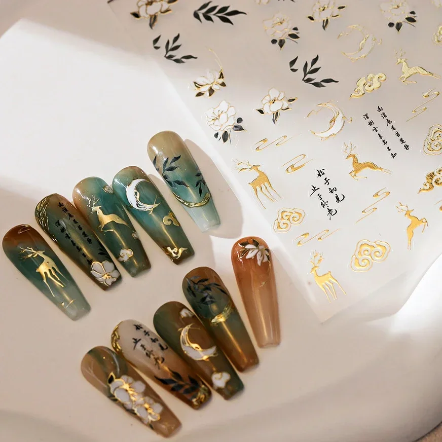 Chinese Style Gold Stamped God Deer Moon Auspicious Clouds Crane Lotus Flower 3D Self-adhesive Nail Art Stickers Manicure Decals 2