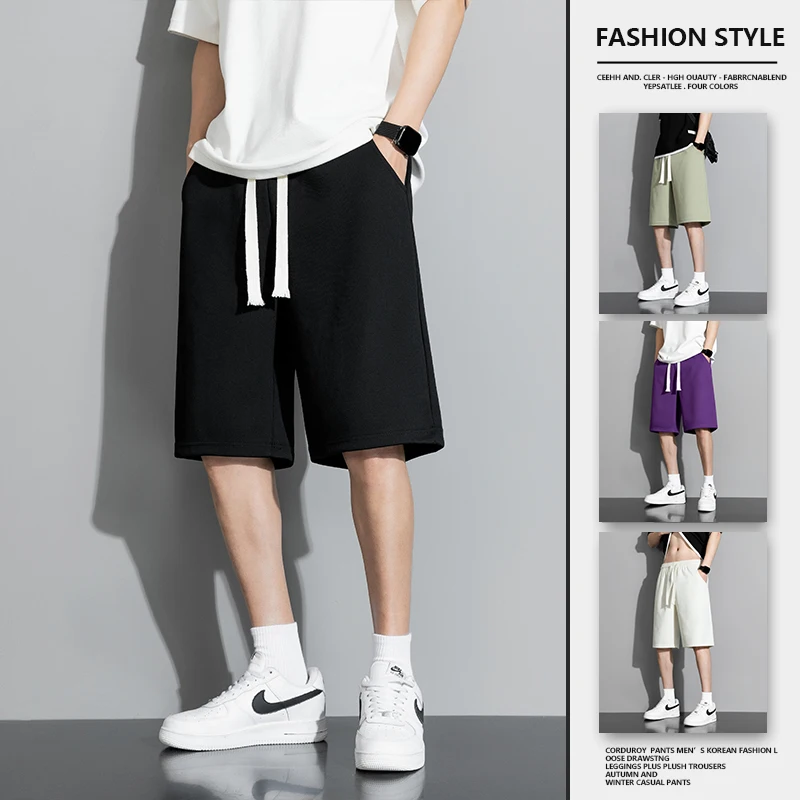 Summer Men's New Stylish Shorts Drawstring Sports Youthful Vitality Solid Color Pockets Loose Daily Casual Wide Leg Knee Pants