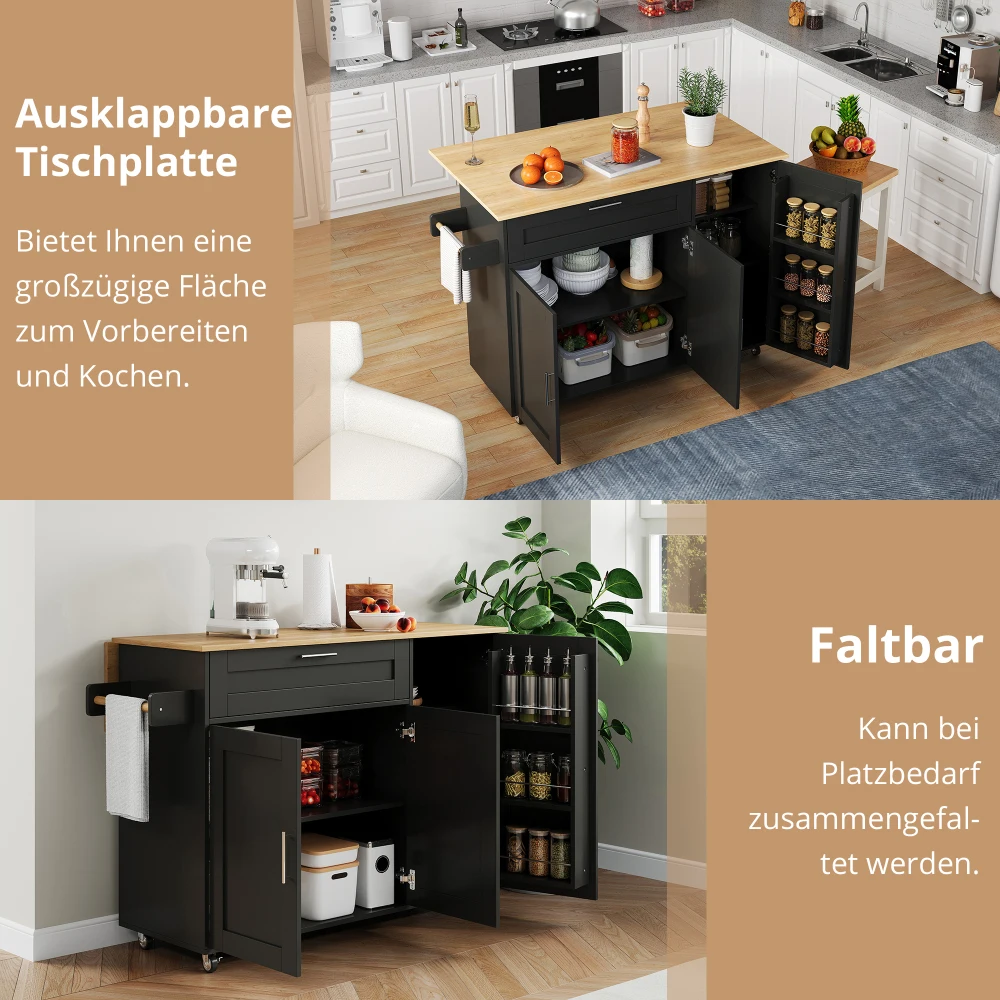 132.5*44(70)*90 cm mobiler Küchentisch, mit klappbarer Arbeitsplatte und Gewürzregal, Kücheninseln mit Handtuchhalter und 5 Rollen – Detail 39