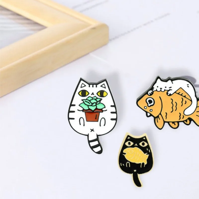 

Cats and Fish Enamel Pins Custom Funny Animal Plant Brooches Bag Clothes Lapel Pin Cute Kitten Badge Jewelry Gift for Friends