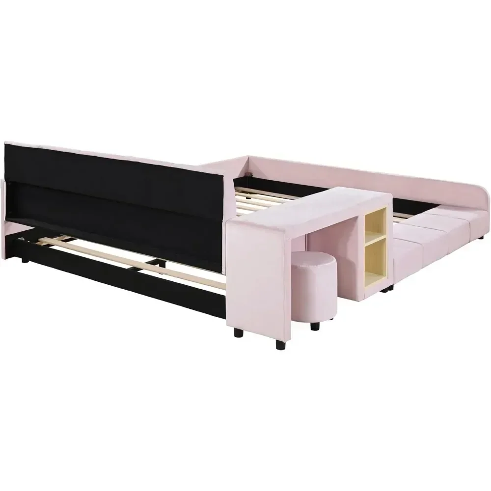 Upholstered Grounded Bed Platform Bed,with Bedside Desk and Little Round Stool Wooden Queen Size Mother & Child Bed Frame 5