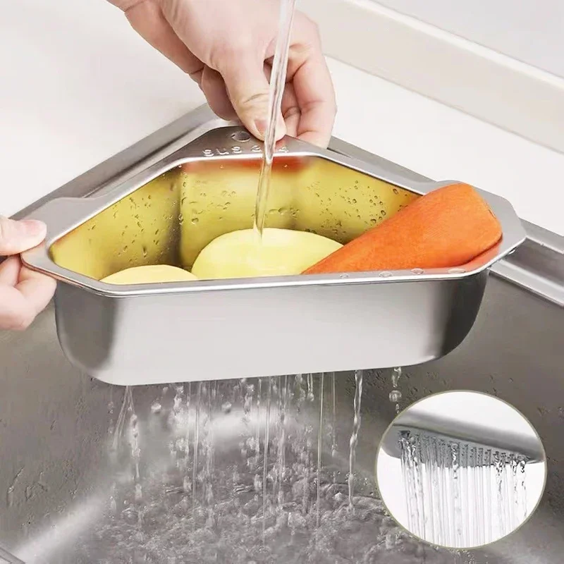 Triangle Drain Basket Kitchen Sink Drain Basket Stainless Steel Basket Colanders Food Vegetables Filter Storage Basket Organizer