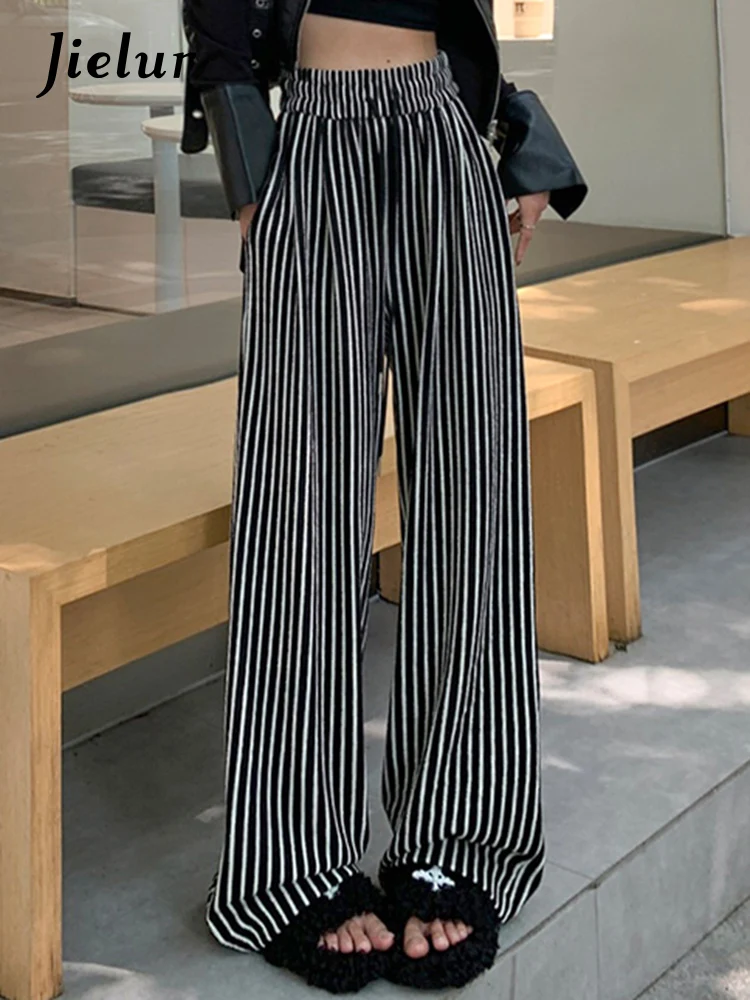 

Jielur Drawstring Classic Stripe Female Wide Leg Pants High Waist Full Length Loose Casual Chic Pockets Spell Color Women Pants