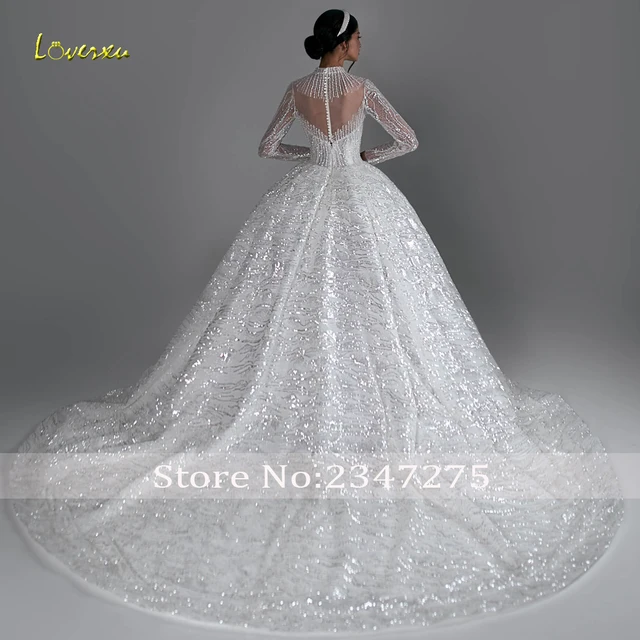 Loverxu ball gown vintage wedding dresses high neck long sleeve bride dress lace sequined shiny