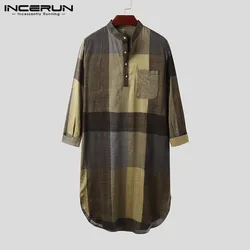 INCERUN Muslim Men Islamic Kaftan Plaid Long Sleeve 2023 Stand Collar Casual Robes Arabic Vintage Caftan Cotton Men Jubba Thobe