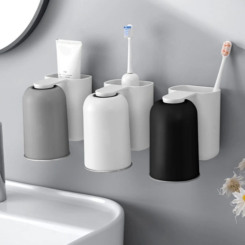 Cepillo de dientes de acero inoxidable con vaso magnético para enjuague bucal, sin perforaciones, para montaje en pared, ideal para el baño._voghion.com