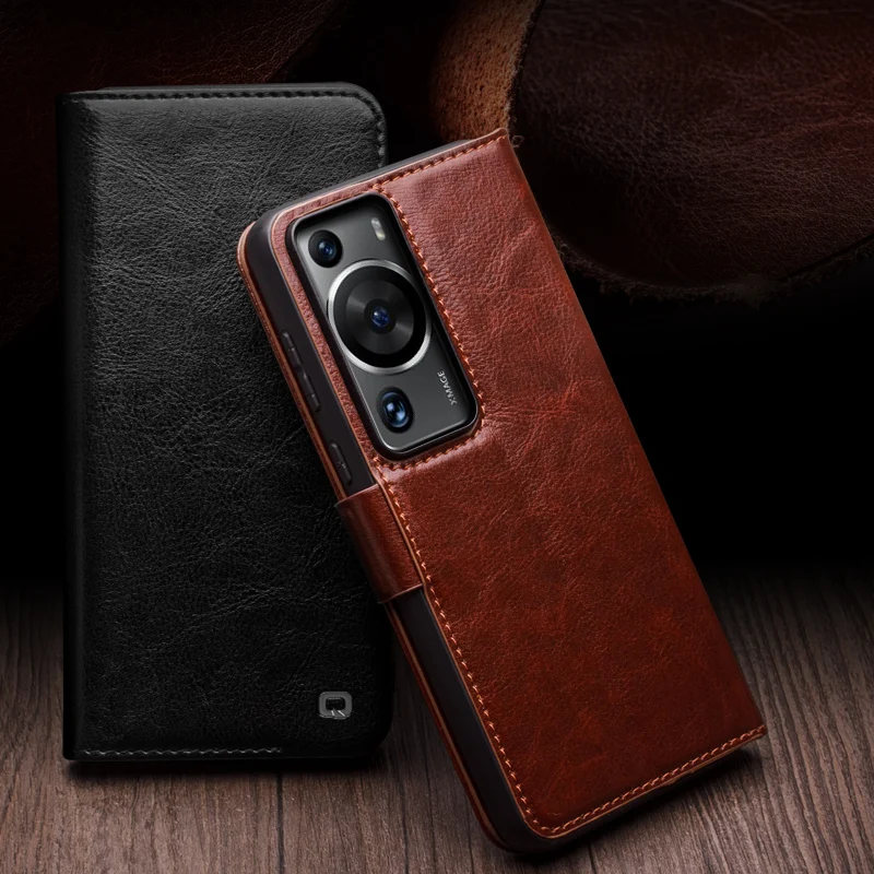 

Qialino Genuine Leather Flip Phone Cases For Huawei Ascend P60 Pure Handmade Phone Cover With Card Slots For P60 Pro