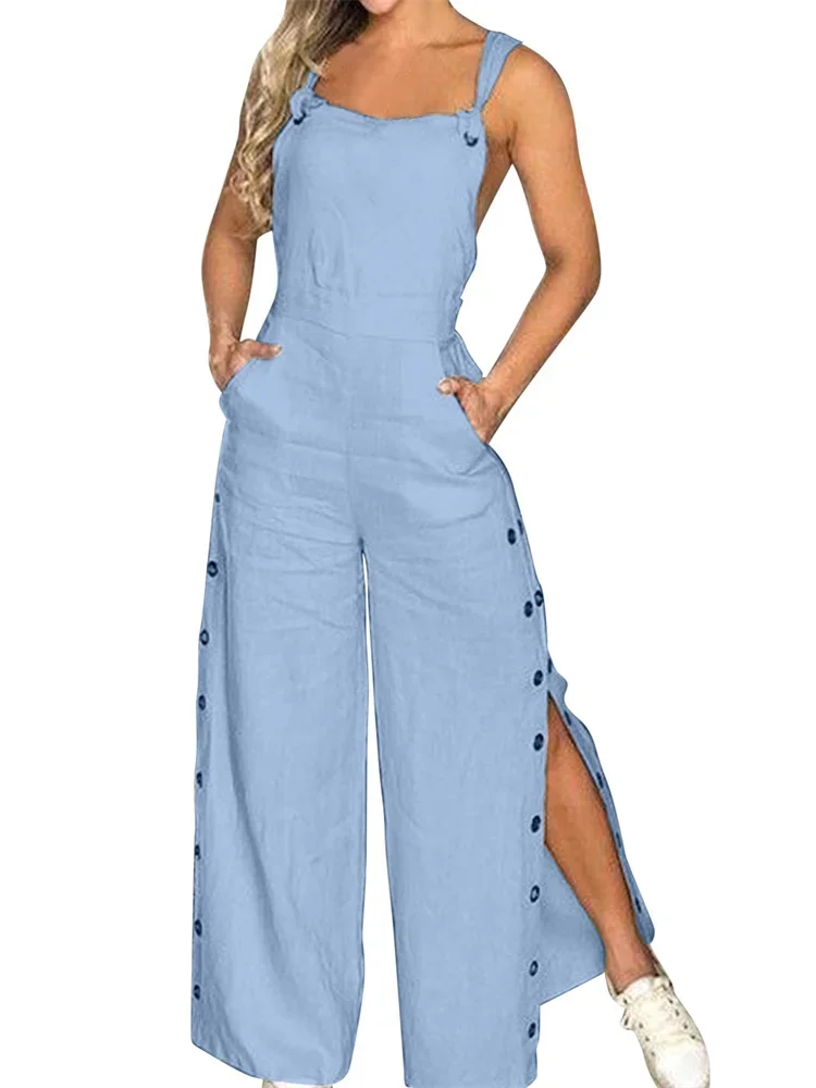 Wmstar Jumpsuit Women Clothing Slip Sleeve Romper Button Side Slip Hem New in Fall Fashion Pockets Pants Wholesale Dropshipping