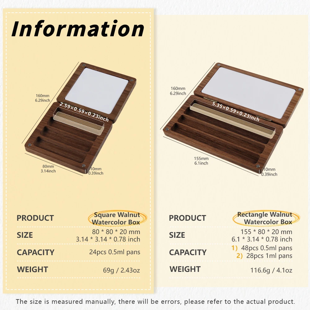 SeamiArt 1pc Black Walnut Wood Rectangle Painting Box with Palette Half Pans for Watercolor Subpackage Storage Art Supplies 6