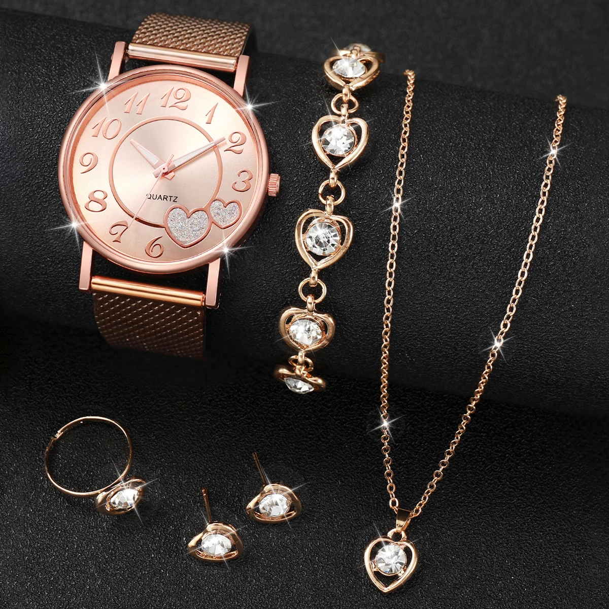 5PCS/Set Women Watches Diamond Jewelry Set Fashion Heart Dial Plastic Band Female Quartz Wristwatch（Without Box） 2
