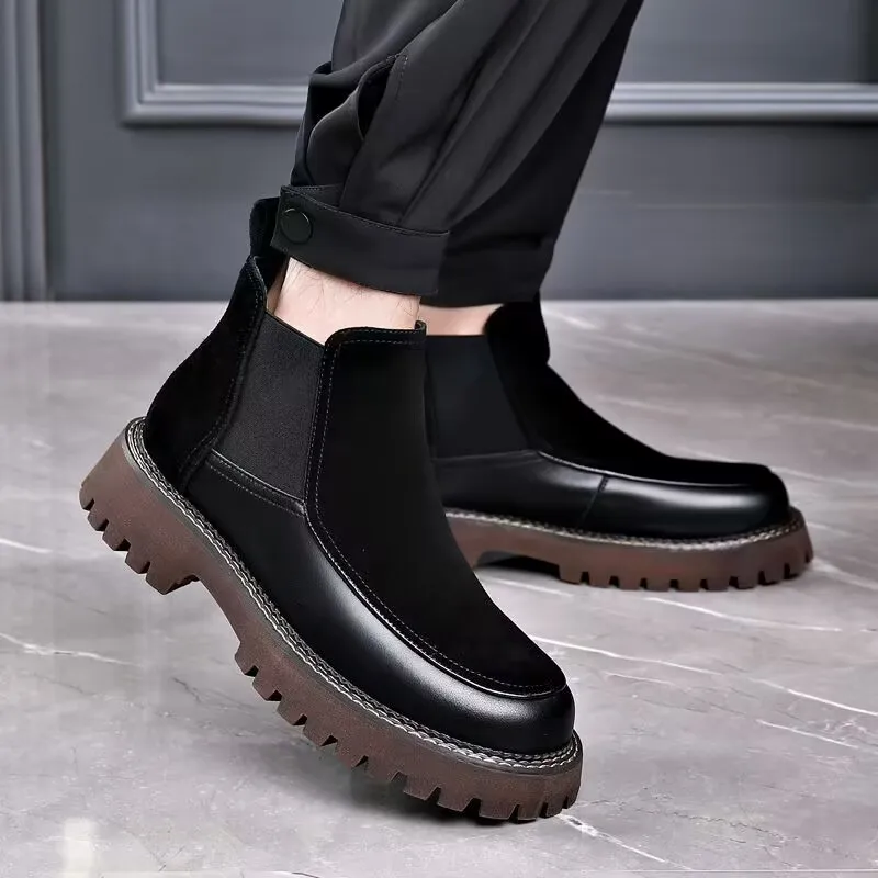 

mens luxury fashion chelsea boots black platform shoes cow suede leather ankle boot slip-on autumn winter botas handsome botines