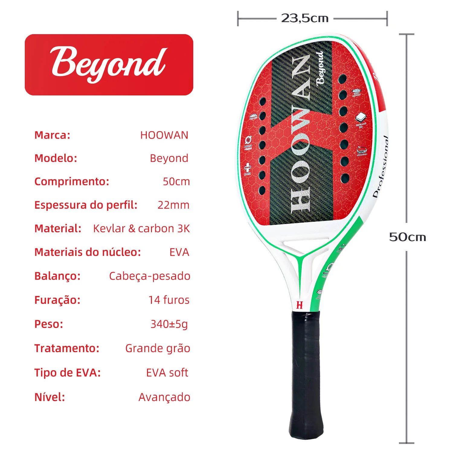 HOOWAN Beach Tennis Racket Professional Carbon Fiber Surface Soft Black EVA Core
